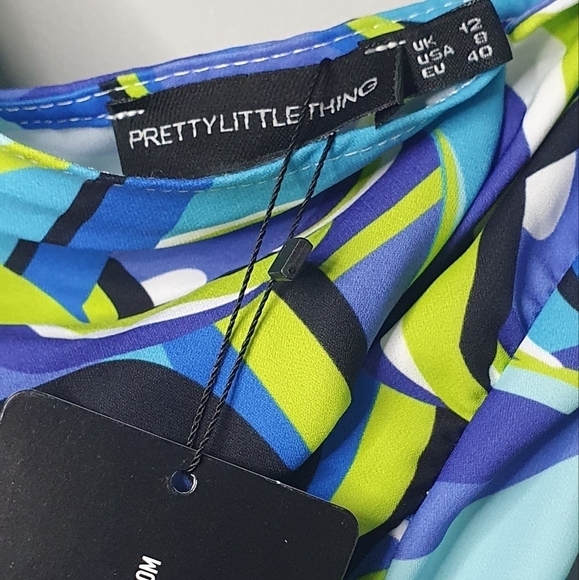 PLT Woven One Shoulder‎ Ruched Bodycon Dress Blue abstract Women's Size 8 Rave - Picture 12 of 14